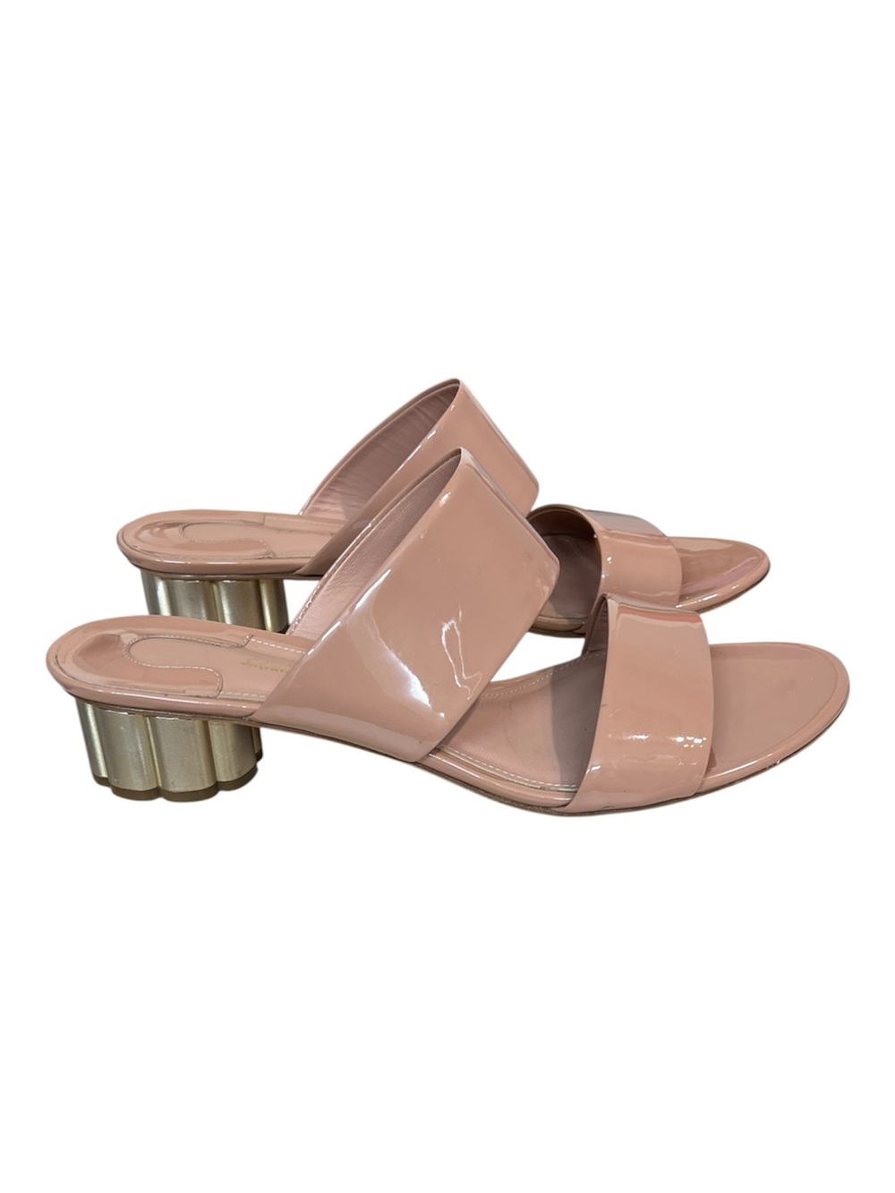 Salvatore Ferragamo Tan Patent Leather Slide Sandals Block Heel Sz 9 Designer